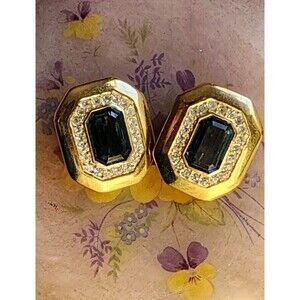 Vintage SALO Faceted Crystals Lg Black Stone Gold Tone Large Clip On Earrings